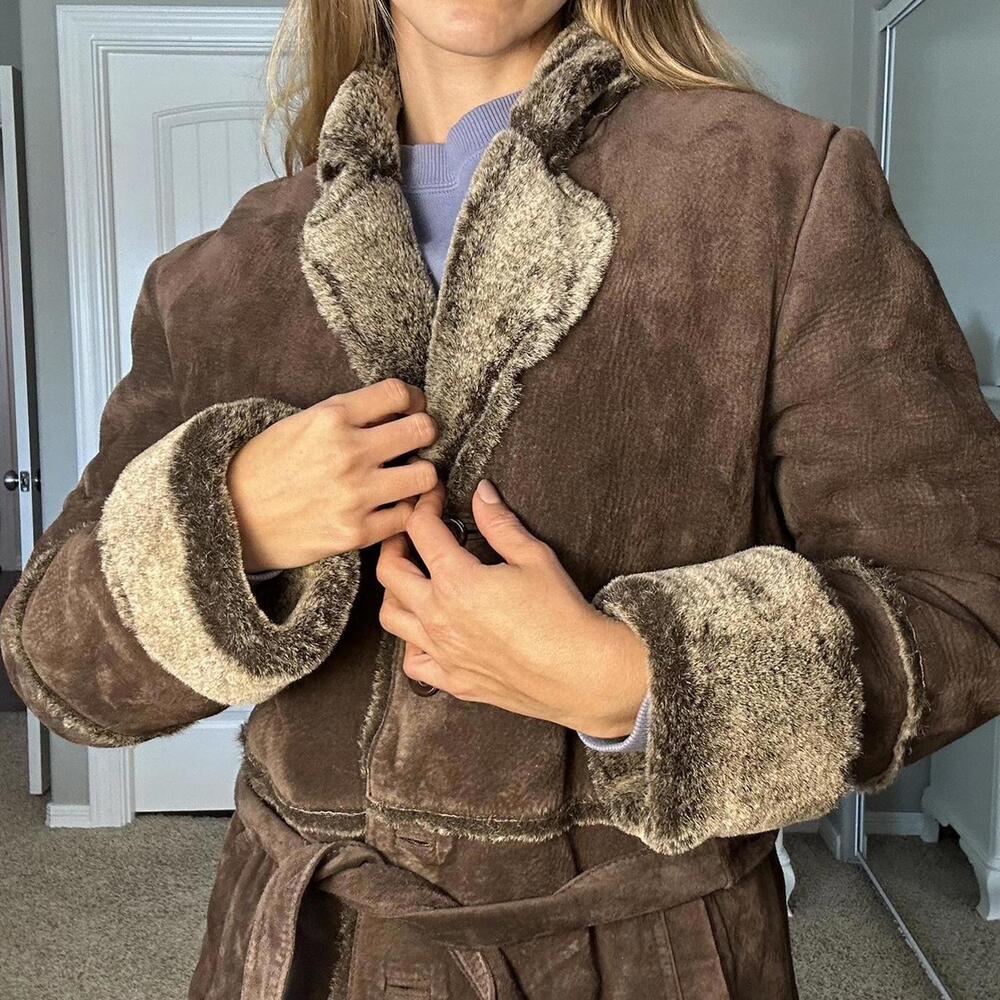 Brown Express genuine suede with faux fur lining and collar gorgeous coat